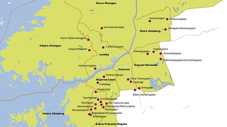 Karta över bostadssatsningarna inom BoStad2021, 7 000 extra bostäder klara till år 2021.