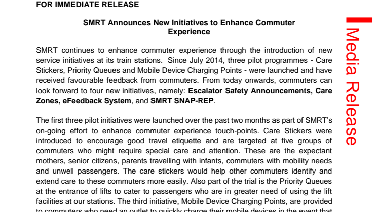 SMRT Announces New Initiatives to Enhance Commuter Experience