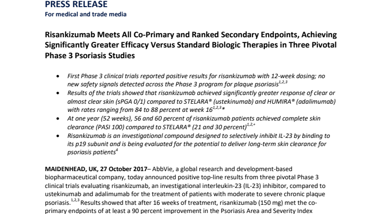 Risankizumab Meets All Co-Primary and Ranked Secondary Endpoints, Achieving Significantly Greater Efficacy Versus Standard Biologic Therapies in Three Pivotal Phase 3 Psoriasis Studies 