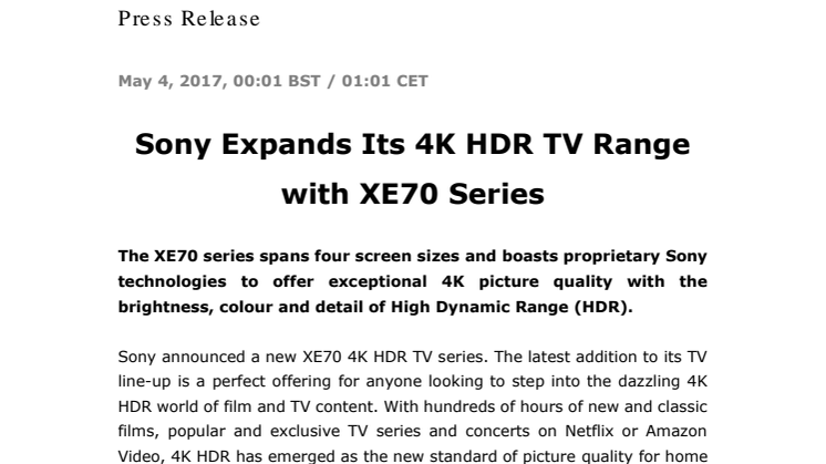 ​Utvalget av Sony 4K HDR-TV-er blir enda bedre med den nye XE70-serien