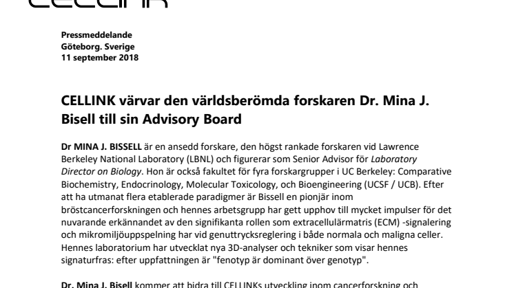 CELLINK värvar den världsberömda forskaren Dr. Mina J. Bissell till sin Advisory Board