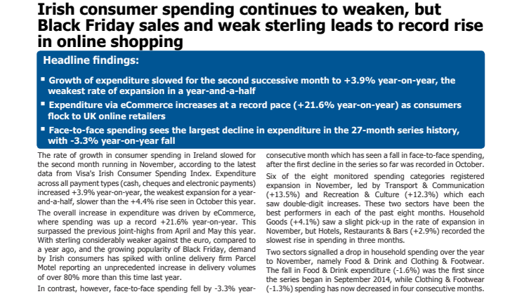 Irish consumer spending continues to weaken, but Black Friday sales and weak sterling leads to record rise in online shopping