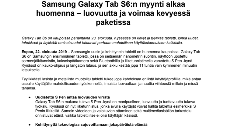 Samsung Galaxy Tab S6:n myynti alkaa huomenna – luovuutta ja voimaa kevyessä paketissa