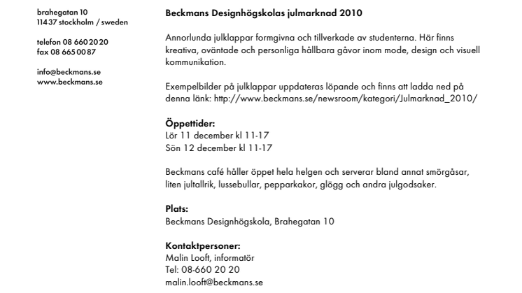 Beckmans Designhögskolas Julmarknad 11-12 december
