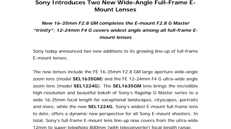 ​Sony introducerer to nye vidvinkel full-frame E-mount objektiver