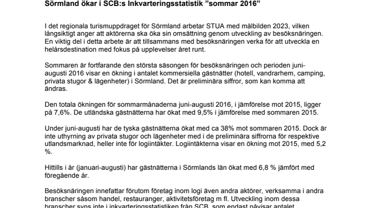Sörmland ökar i SCB:s Inkvarteringsstatistik ”sommar 2016”