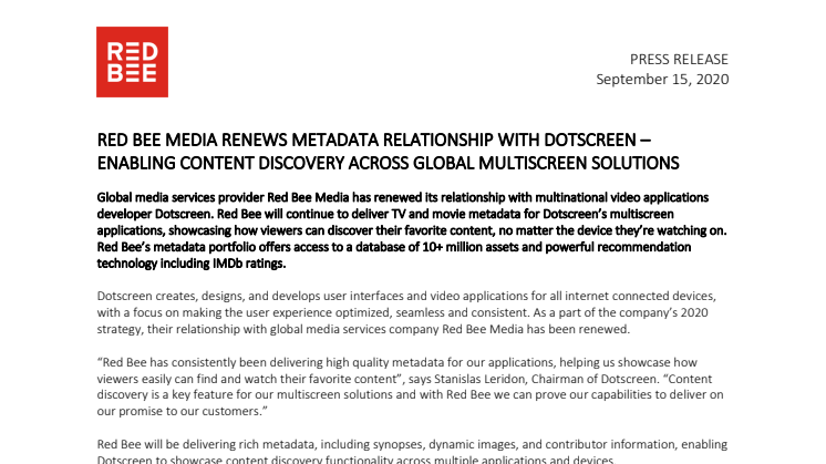 Red Bee Media Renews Metadata Relationship with Dotscreen - Enabling Content Discovery Across Global Multiscreen Solutions