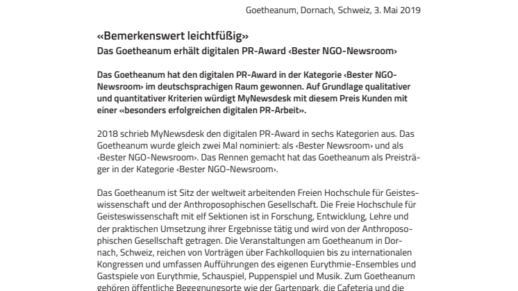 «Bemerkenswert leichtfüßig». ​Das Goetheanum erhält digitalen PR-Award ‹Bester NGO-Newsroom›