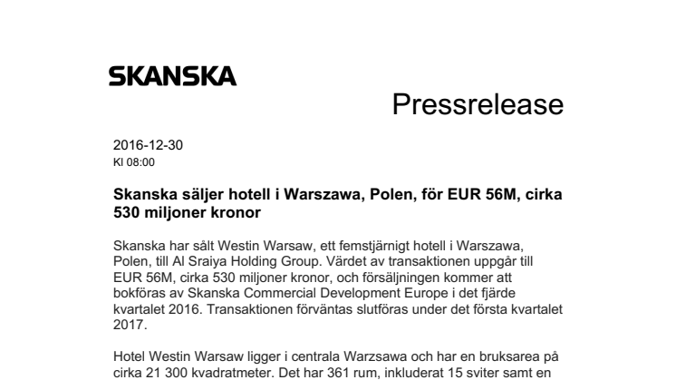 Skanska säljer hotell i Warszawa, Polen, för EUR 56M, cirka 530 miljoner kronor