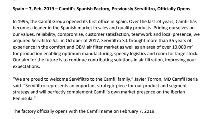 Camfil’s Spanish Factory, Previously Servifiltro, Officially Opens 