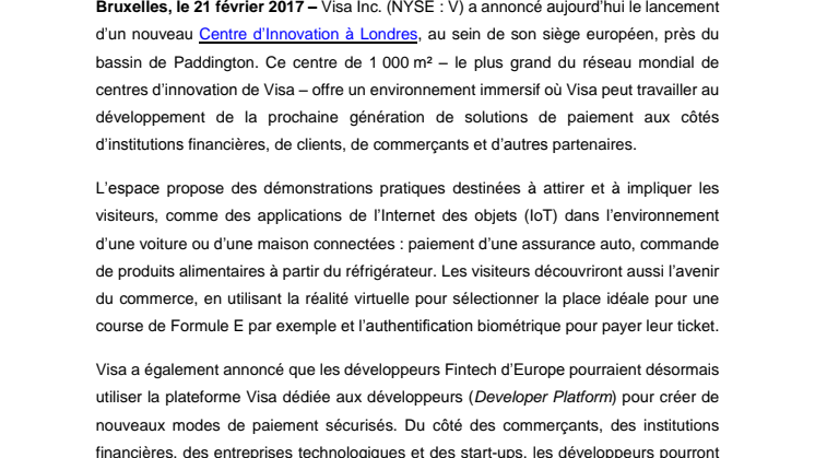 Visa inaugure un nouveau Centre d’Innovation à Londres et ouvre sa Developer Platform aux clients européens 