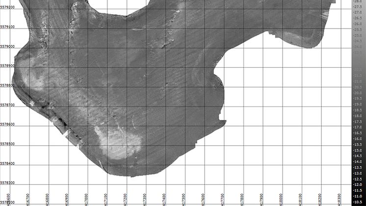 Fig.1. Calibrated backscatter map of Barns Pool, Plymouth, UK. The values represent the backscatter response of the seafloor in absolute dB scale. The data can be used for reliable seafloor monitoring and classification.