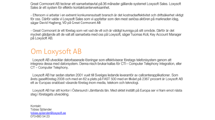 Great Cormorant AB tecknar 36-månadersavtal med Loxysoft AB