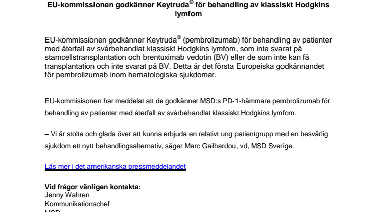 EU-kommissionen godkänner Keytruda® för behandling av klassiskt Hodgkins lymfom