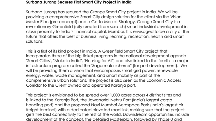 Surbana Jurong Secures First Smart City Project in India