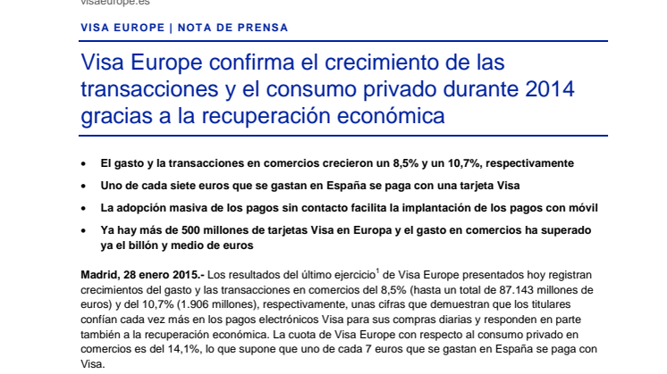 Visa Europe confirma el crecimiento de las transacciones y el consumo privado durante 2014 gracias a la recuperación económica