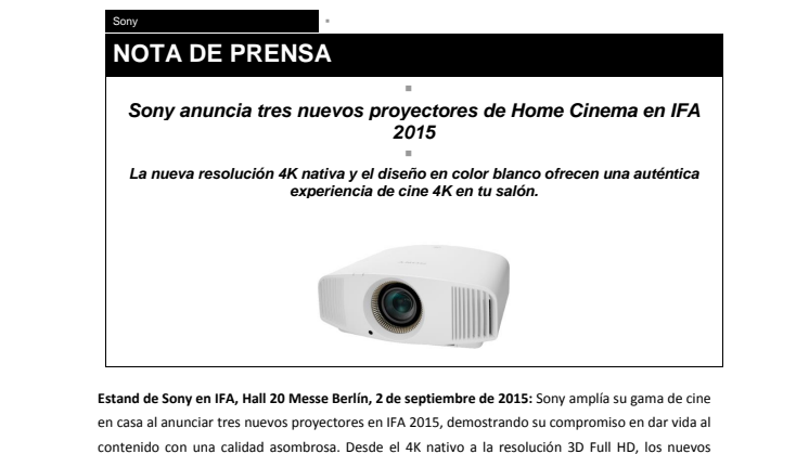 Sony anuncia tres nuevos proyectores de Home Cinema en IFA 2015