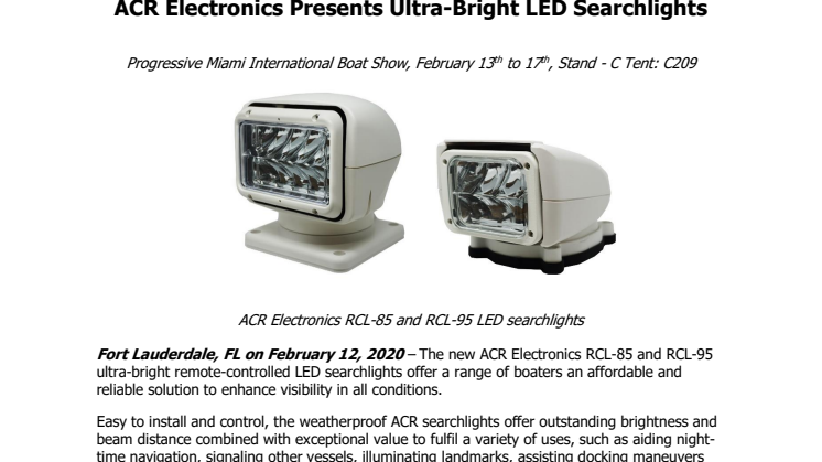 ACR Electronics Presents Ultra-Bright LED Searchlights