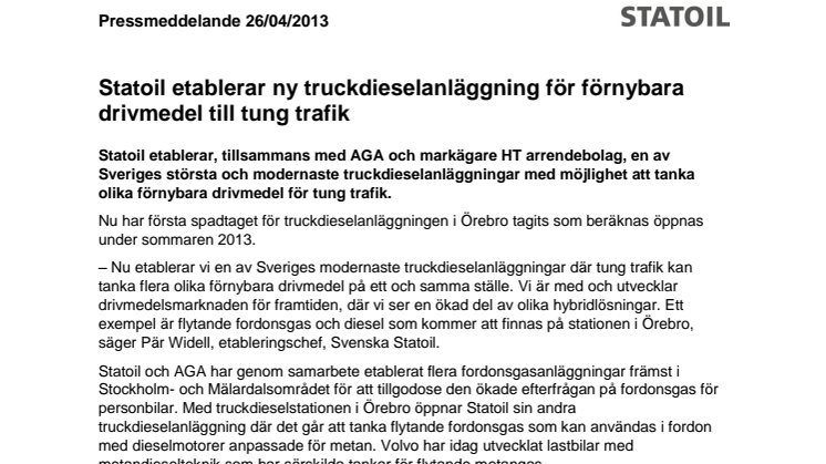 Statoil etablerar ny truckdieselanläggning för förnybara drivmedel till tung trafik 