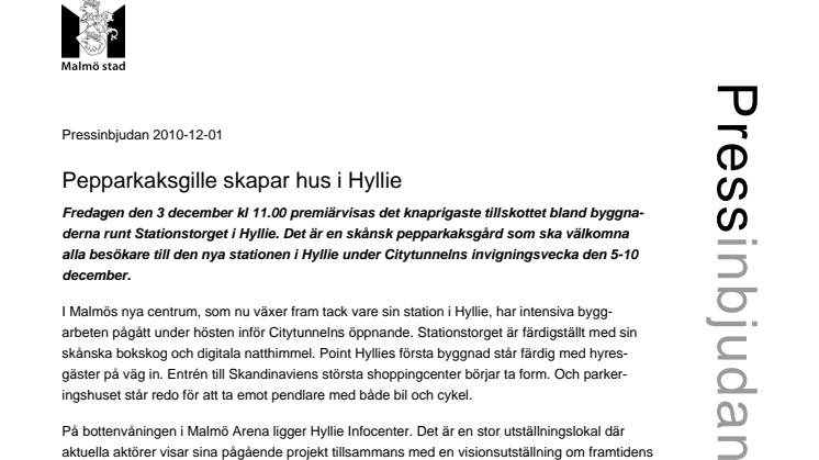 Pressinbjudan: Pepparkaksgille välkomnar Citytunneln och station Hyllie