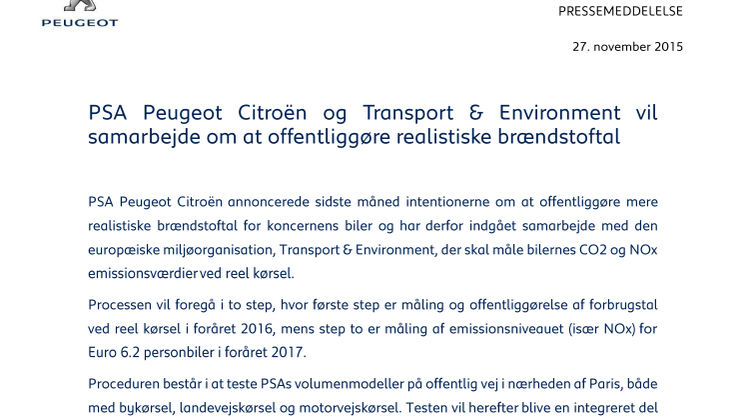 PSA Peugeot Citroën og Transport & Environment vil samarbejde om at offentliggøre realistiske brændstoftal