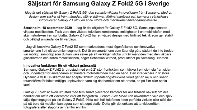 Säljstart för Samsung Galaxy Z Fold2 5G i Sverige