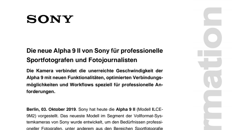 Die neue Alpha 9 II von Sony für professionelle Sportfotografen und Fotojournalisten
