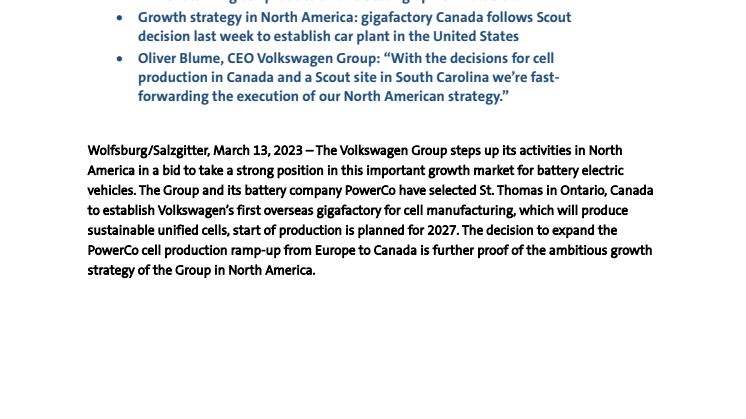 PM Volkswagen Group steps up activities in North America Canada chosen as location for first overseas gigafactory of its battery company PowerCo SE