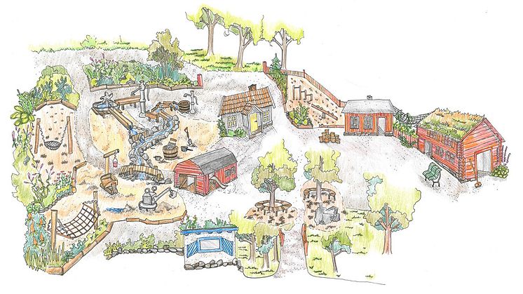 Lekplatsen i Stadsparken byggs om. Det kommer bland annat bli lekhus inspirerade av ”Lilla Wadköping”. Illustration: Örebro kommun