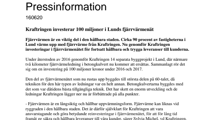 Kraftringen investerar 100 miljoner i Lunds fjärrvärmenät