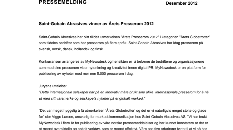 Saint-Gobain Abrasives AS vinner årets Presserom 2012