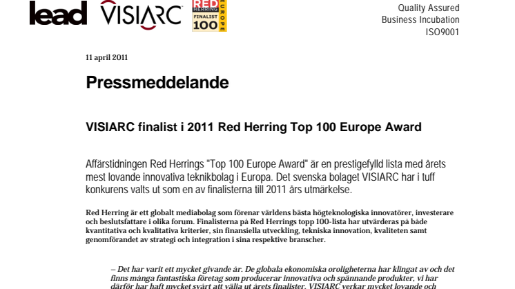 VISIARC finalist i 2011 Red Herring Top 100 Europe Award