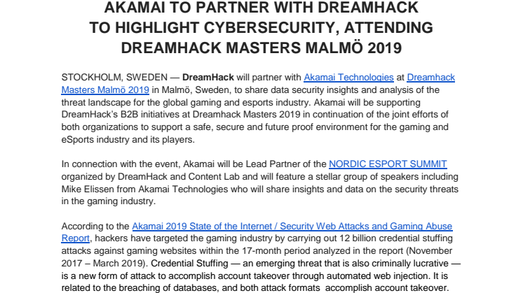 AKAMAI TO PARTNER WITH DREAMHACK TO HIGHLIGHT CYBERSECURITY, ATTENDING DREAMHACK MASTERS MALMÖ 2019