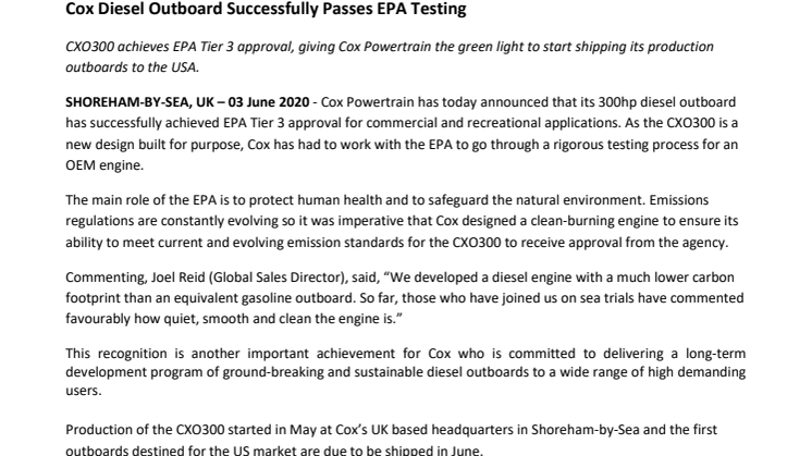 Cox Diesel Outboard Successfully Passes EPA Testing