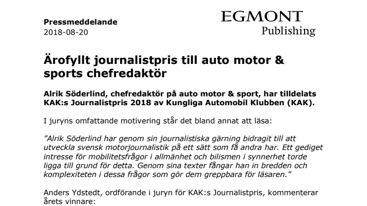 Ärofyllt journalistpris till auto motor & sports chefredaktör