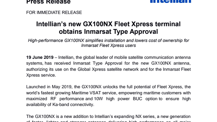 Intellian’s new GX100NX Fleet Xpress terminal obtains Inmarsat Type Approval