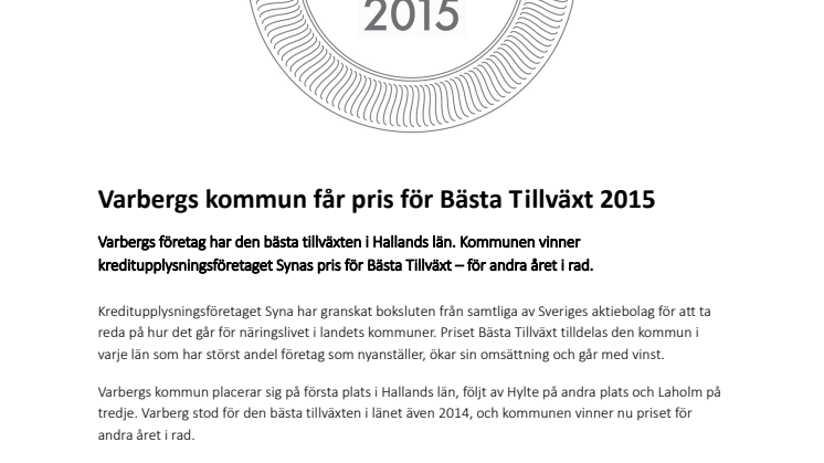 Varbergs kommun får pris för Bästa Tillväxt 2015