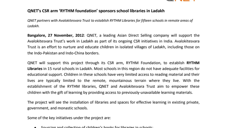 QNET’s CSR arm ‘RYTHM Foundation’ sponsors school libraries in Ladakh