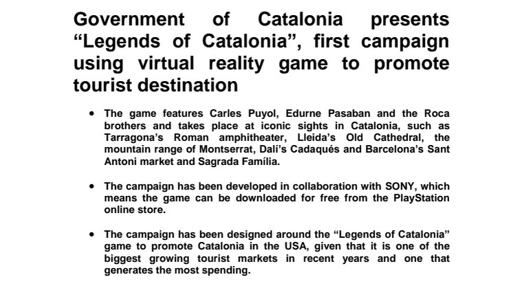 Government of Catalonia presents “Legends of Catalonia” - First campaign using virtual reality game to promote a tourist destination