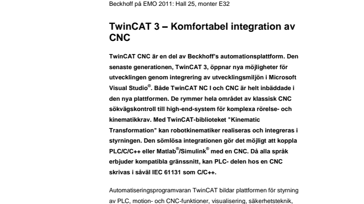 TwinCAT 3 från Beckhoff - komfortabel integrering av CNC
