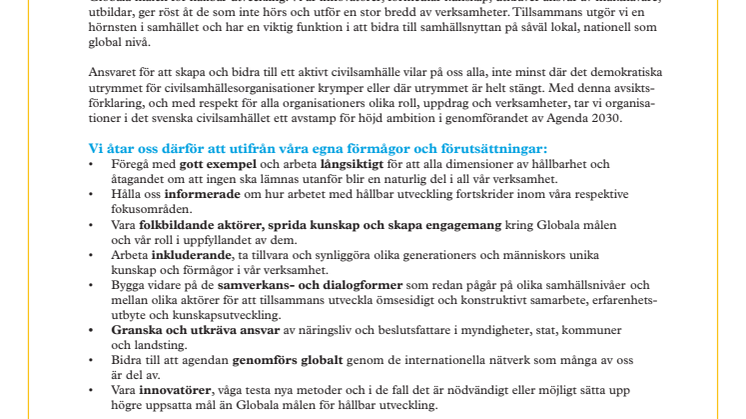 Civilsamhället för Agenda 2030 - avsiktsförklaring