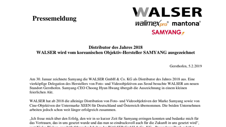 WALSER ist Samyang-Distributor des Jahres 2018