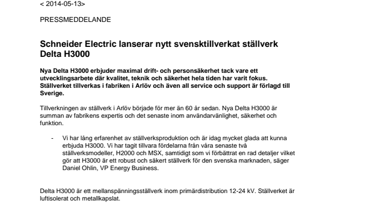 Schneider Electric lanserar nytt svensktillverkat ställverk - Delta H3000 