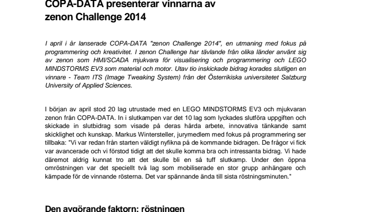 COPA-DATA presenterar vinnarna av zenon Challenge 2014