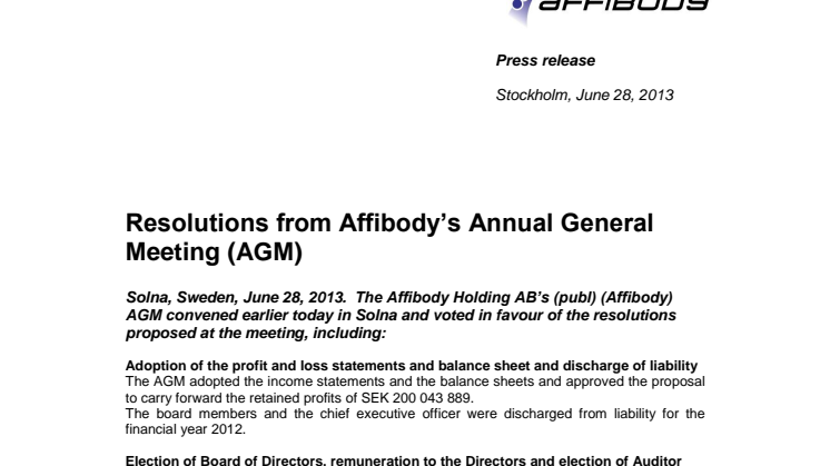 Resolutions from Affibody’s Annual General Meeting (AGM)