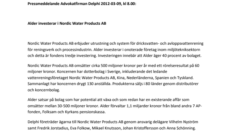 Alder investerar i Nordic Water Products AB