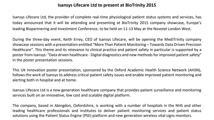 Isansys Lifecare Ltd to present at BioTrinity 2015