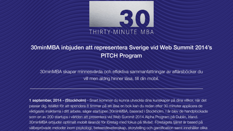 30minMBA inbjuden att representera Sverige vid Web Summit 2014’s ALPHA Program