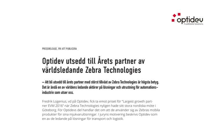 Optidev utsedd till Årets partner av världsledande Zebra Technologies