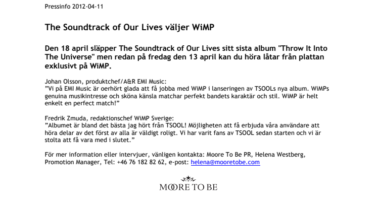 The Soundtrack of Our Lives väljer WiMP
